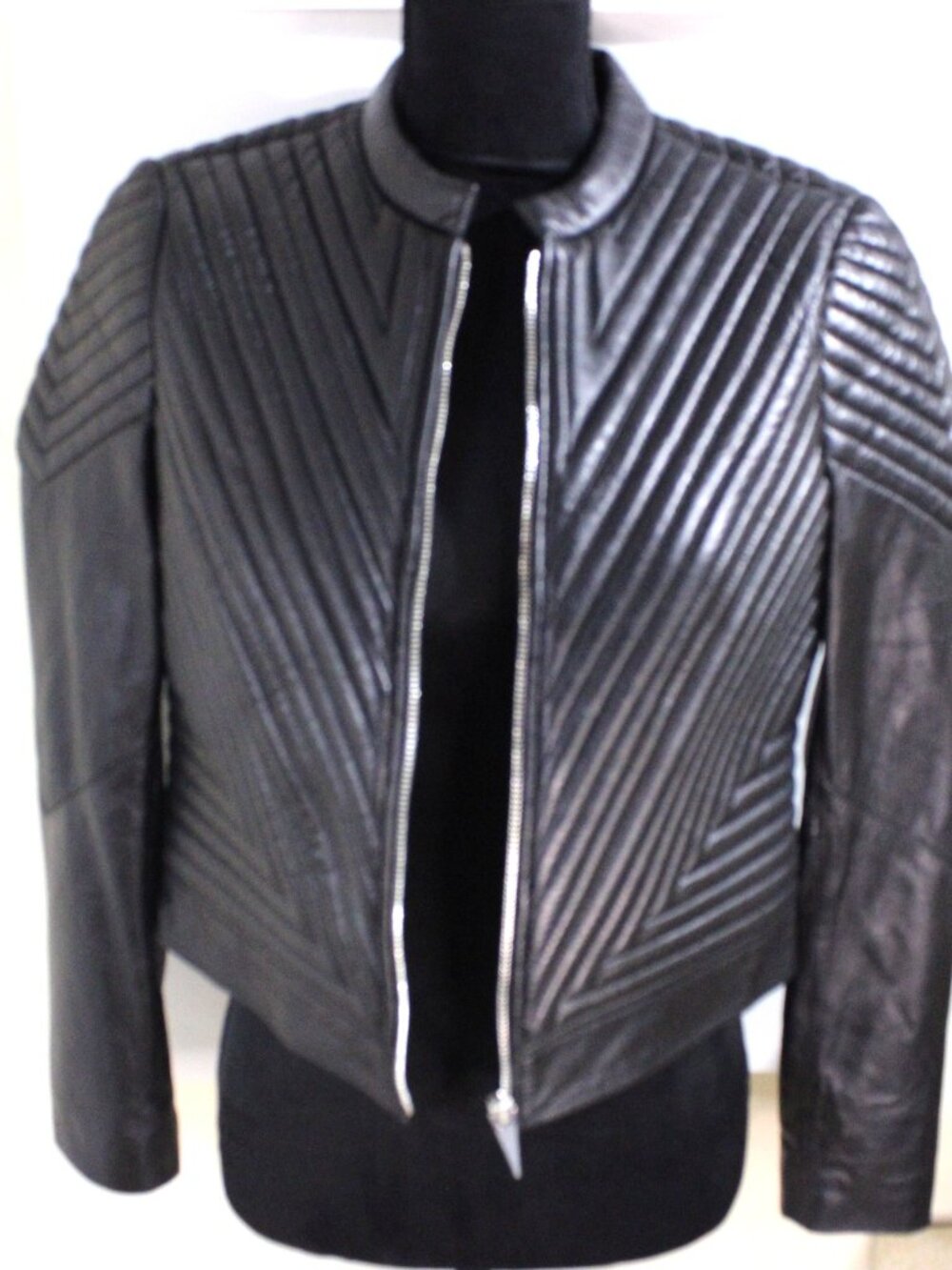 Vince Camuto Black Leather Moto Jacket with Quilts, Size Small